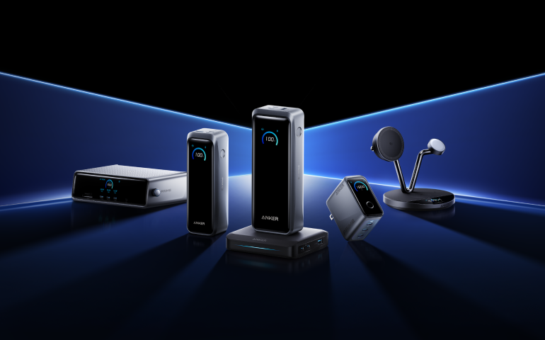 Anker charging devices and power banks displayed together, digital screens visible