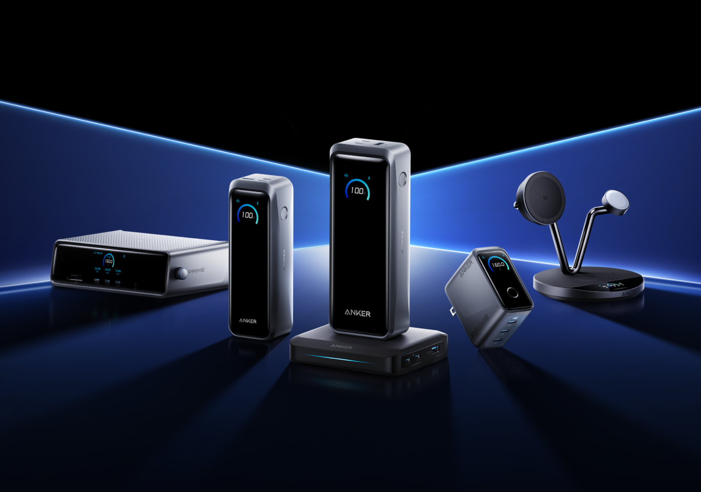 Anker Prime charging devices and accessories, modern design, digital displays